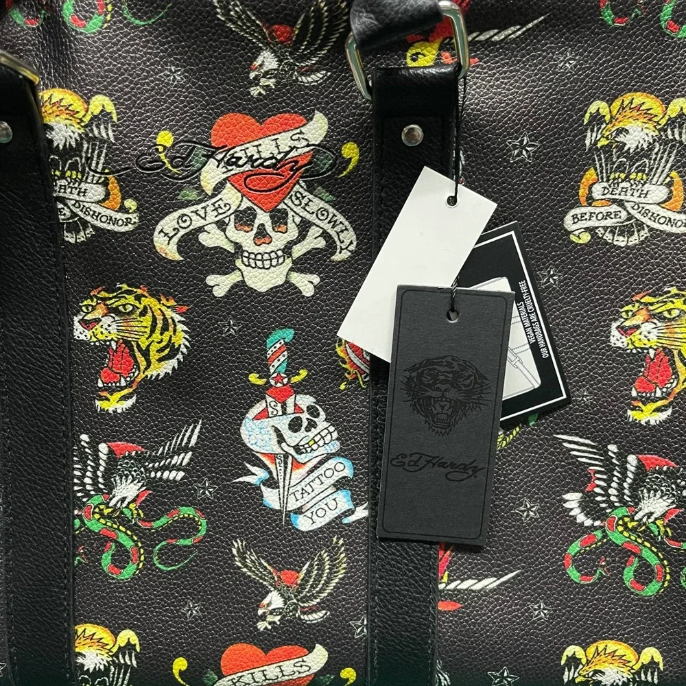 Ed Hardy Duffle Bag Black Tattoo Flash Print Vegan Leather Laptop Sleeve Travel